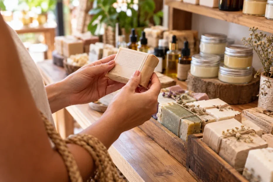 Pessoa conferindo a embalagem de sabonetes e cosméticos artesanais em uma bancada de loja de beleza