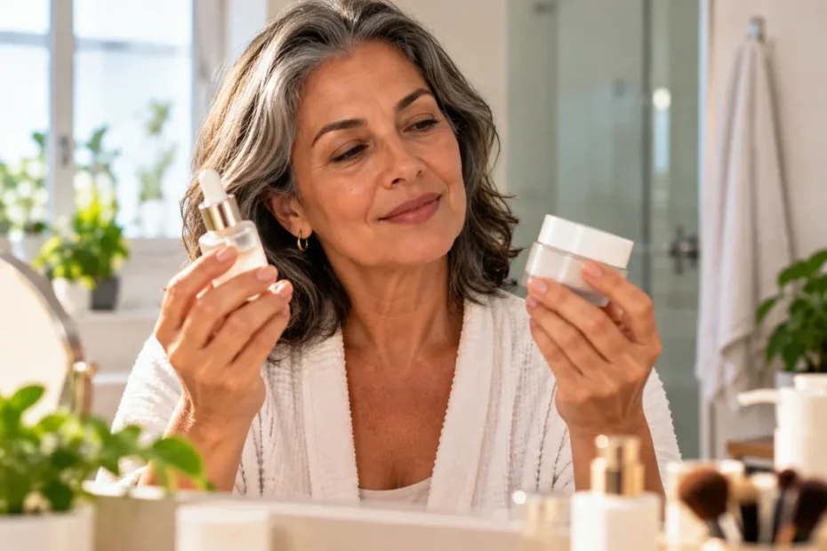 Pessoa adulta examinando dois frascos de cosméticos faciais em uma penteadeira, com produtos de cuidado para a pele ao fundo