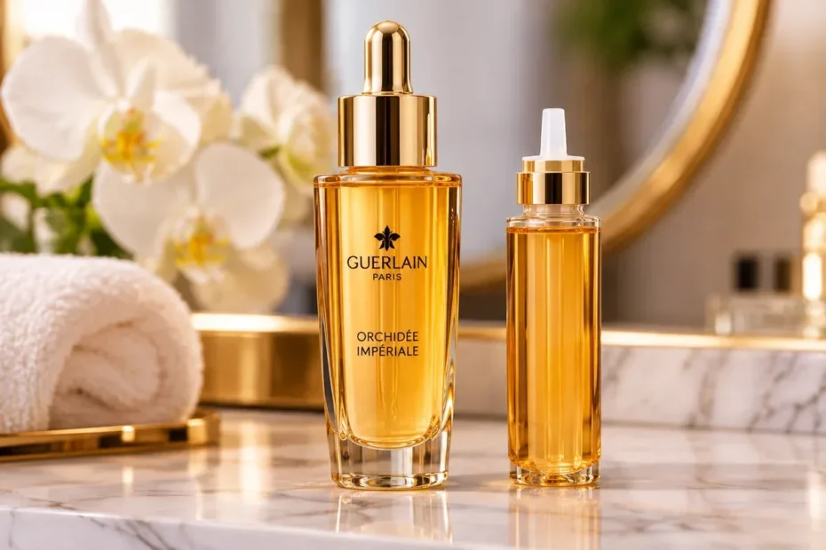 Imagem ilustrativa de sérum facial em frasco dourado ao lado de uma recarga, sobre bancada clara com orquídeas ao fundo