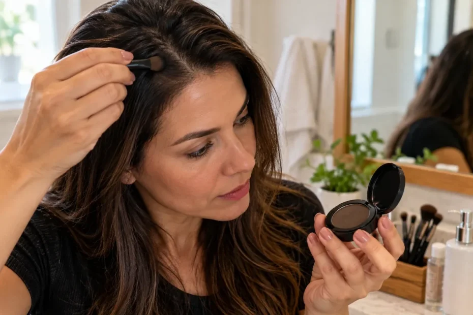 Mulher aplicando pó de maquiagem capilar junto à raiz do cabelo com pincel e compacto, em banheiro doméstico