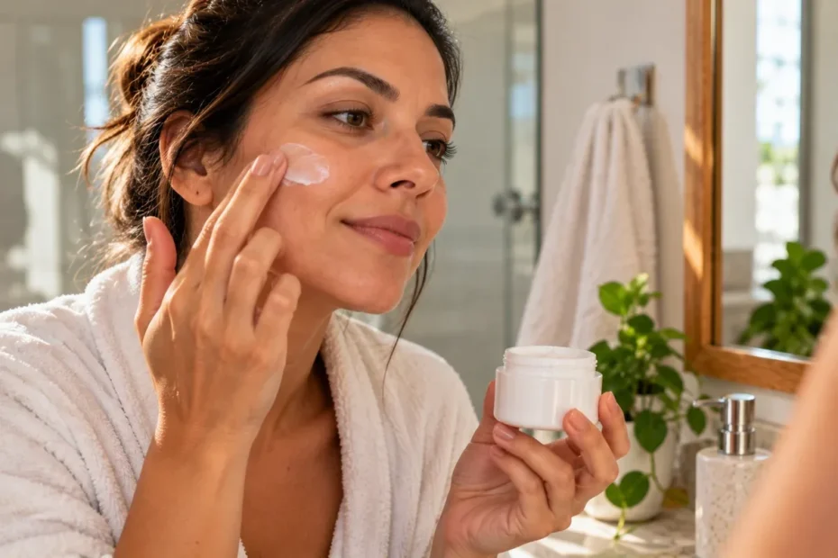 Pessoa aplicando pequena quantidade de creme hidratante no rosto diante do espelho, em rotina de cuidado facial