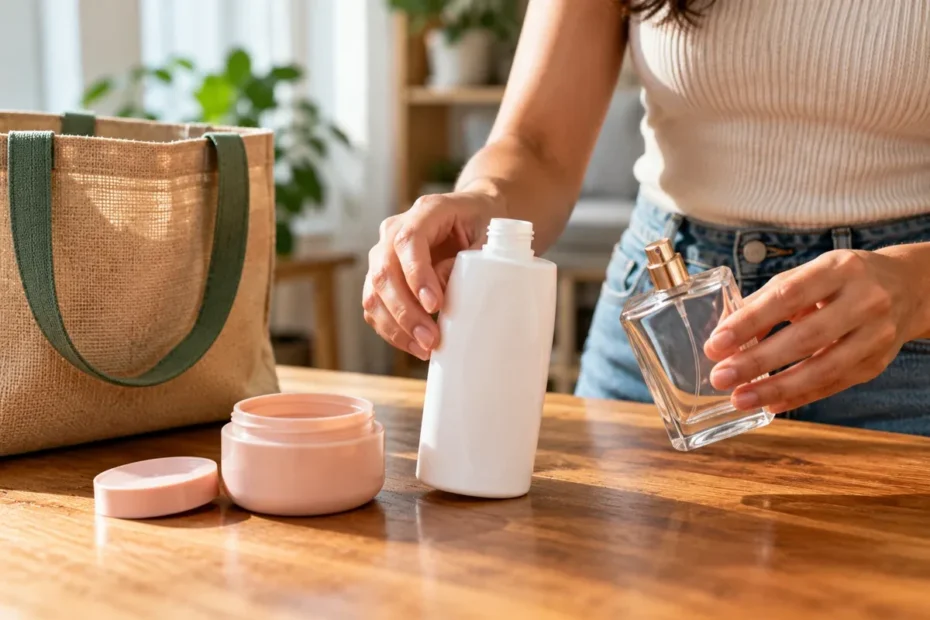 Três embalagens vazias e limpas de cosméticos separadas para reciclagem sobre uma mesa, em cena caseira realista